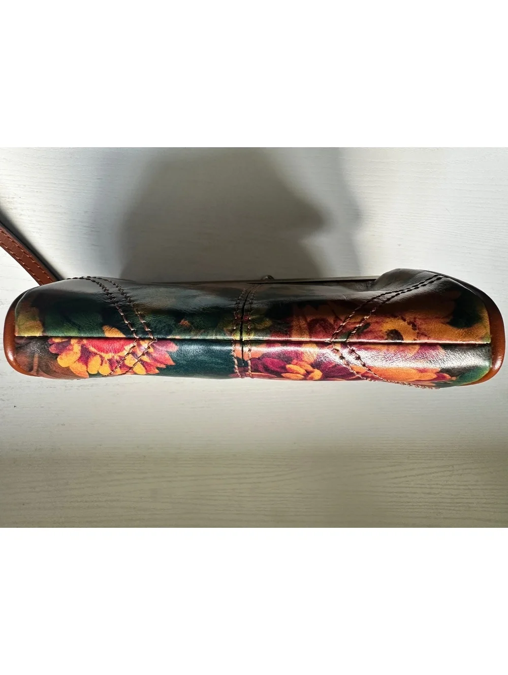 Patricia Nash Leather Wristlet with Retro Floral Print and Kiss Lock Closure